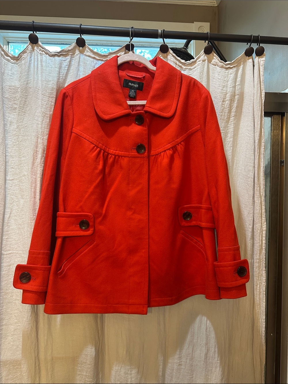 Style & Co. Bright Red Pea Coat with Buttoned Cuffs